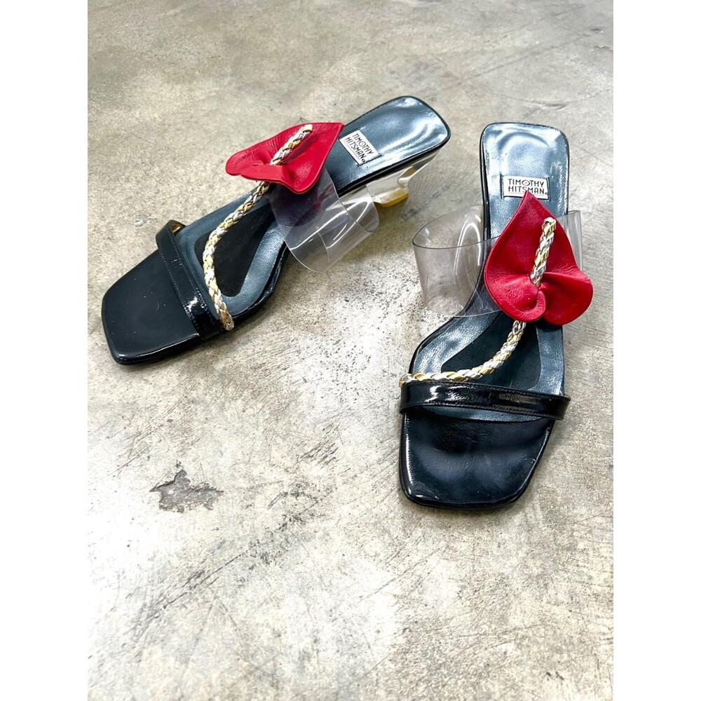 VTG Y2K Timothy Hitsman Floral Lucite Heel Sandal 6.5/7 Spain Leather Square Toe